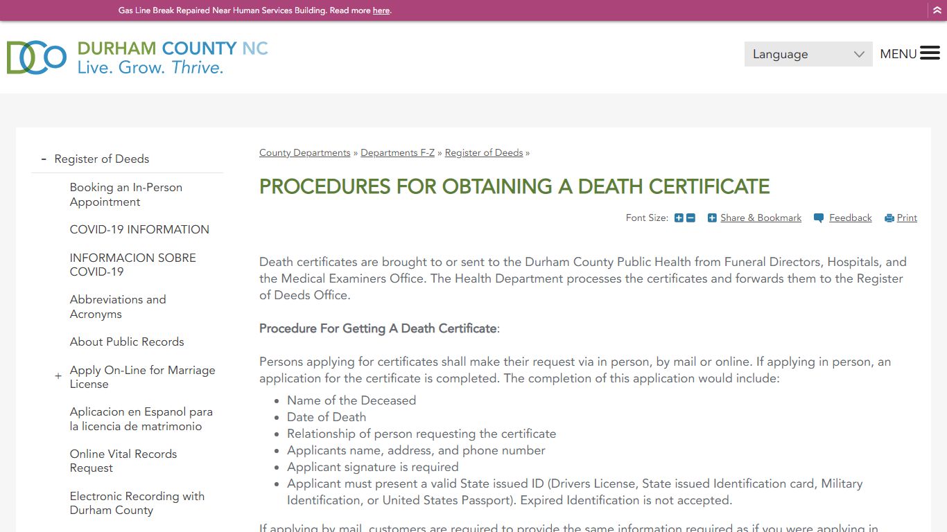 Procedures for Obtaining a Death Certificate | Durham County - DCONC